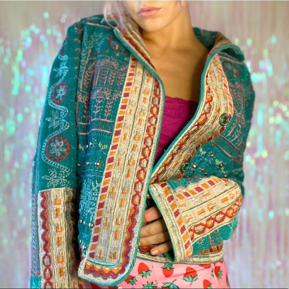 Vintage blue hand embroidered corduroy jacket coat